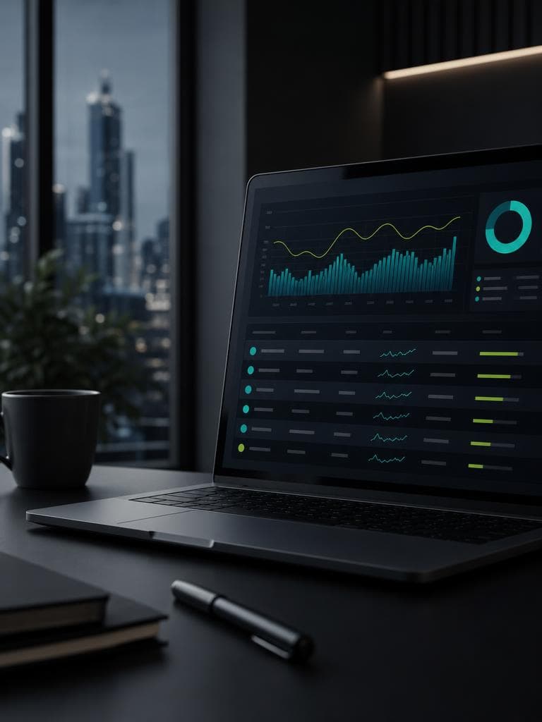 Margin intelligence dashboard displayed on a laptop beside a city window